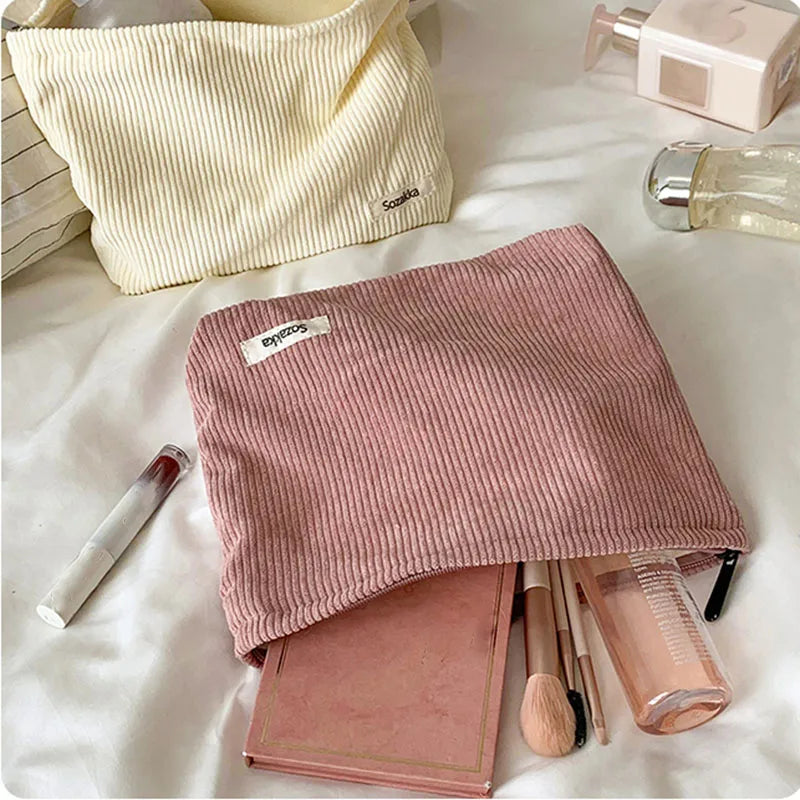 Trousse de Maquillage Velours Côtelé – Rangement Pinceaux et Crayons
