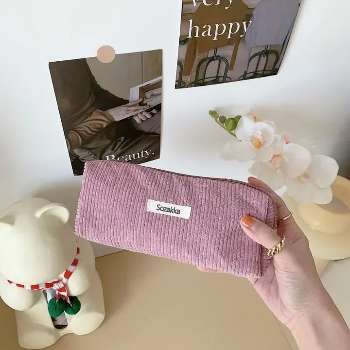 Mini Trousse de Maquillage Velours Côtelé – Format Compact Pinceaux